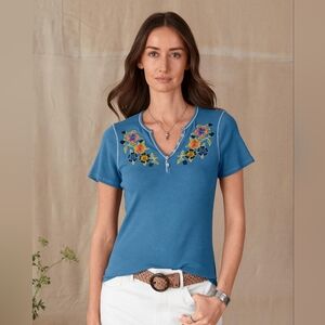 NWT Alp N Rock Blue Embroidered Floral Henley Top
